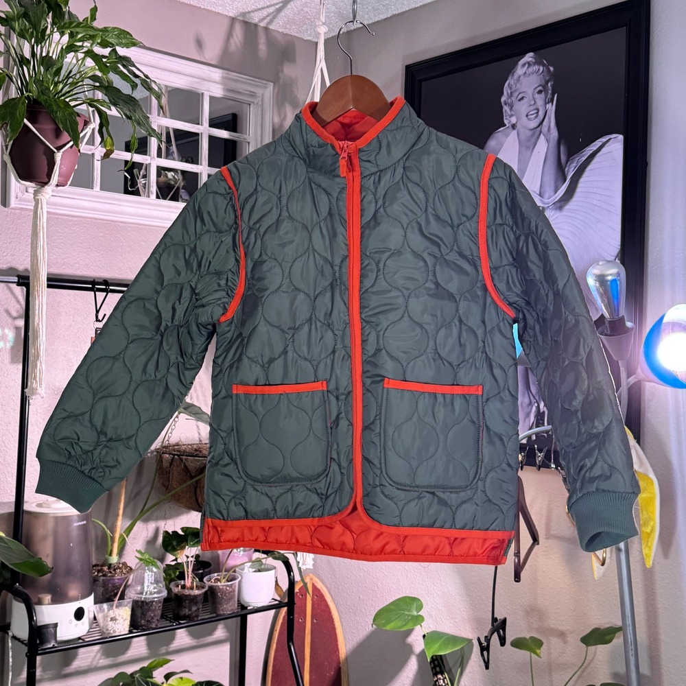 Free Assembly Quilted Jacket Green Orange Contrast Trim XL 14/16 Lightweight‎